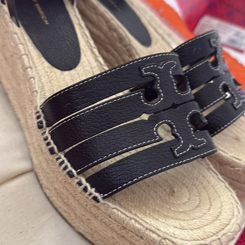 Tory Burch Black and Tan Ines Wedge Espadrille Sandals